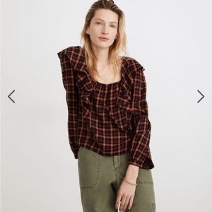 Madewell plaid ruffle square neck blouse